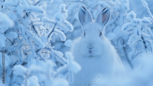  A tight shot of a white rabbit amidst snow-laden trees and shrubs  their branches and ground dusted with snow