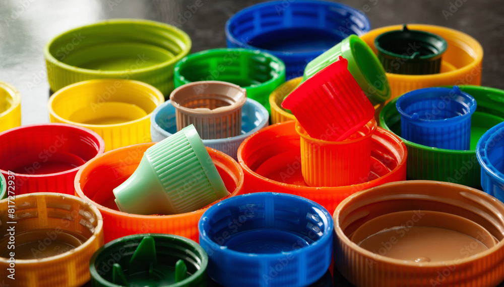 Plastic caps. Multicolored plastic lids. Plastic recycling Plastic caps. Multicolored plastic lids. Plastic recycling