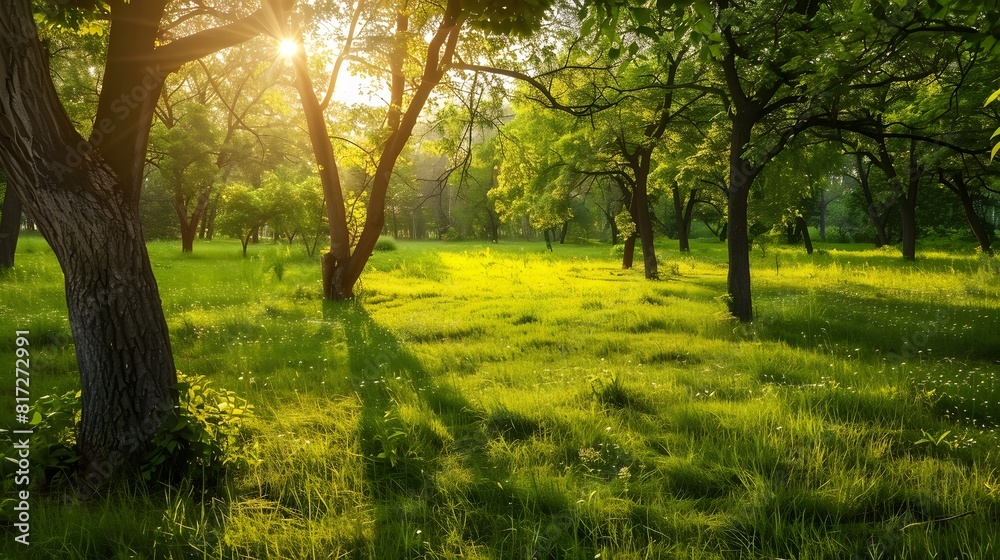 Obraz premium A tranquil meadow with dappled sunlight filtering through the trees