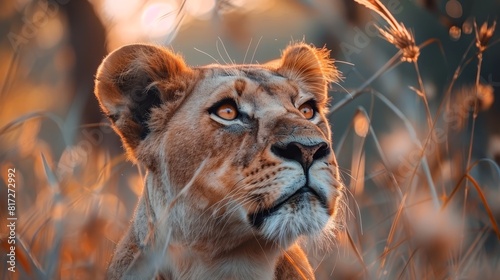  A tight shot of a lion s face in a sea of tall grasses  the backdrop softly blurred