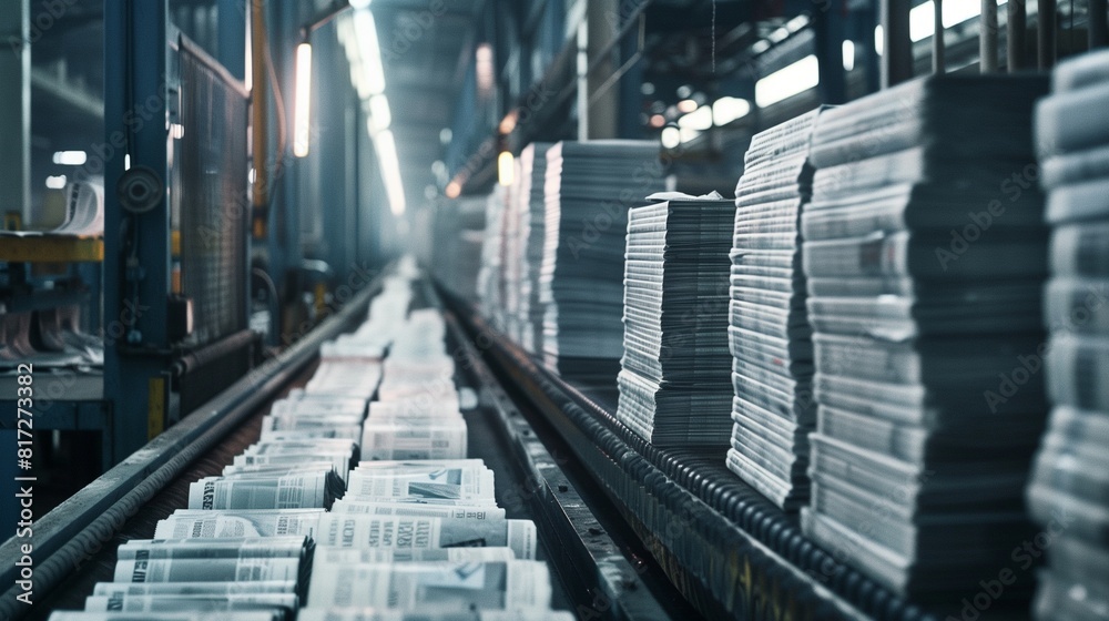 Conveyor belt transporting stacks of freshly printed newspapers in a printing press. Conveyor belt transporting stacks of freshly printed newspapers in a printing press.