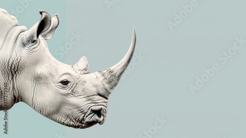  A tight shot of a rhino's head against a blue backdrop, framed by a white rectangle © Jevjenijs