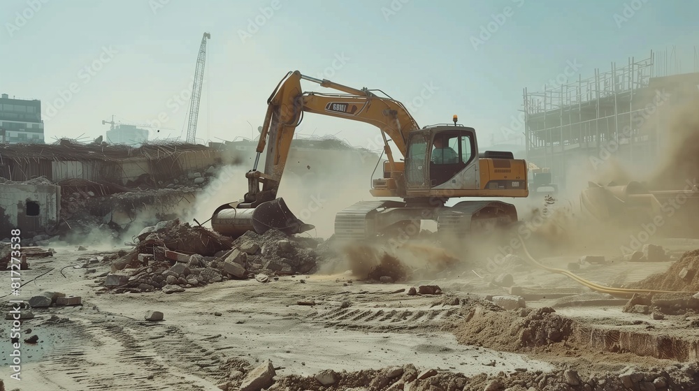 Heavy machinery clearing debris from a construction site, leaving behind a clean, leveled surface. Heavy machinery clearing debris from a construction site, leaving behind a clean, leveled surface.
