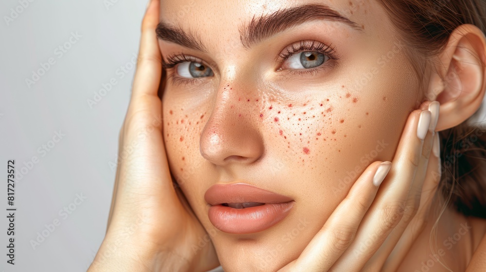 A woman with freckles touches her face with her hand A woman with freckles touches her face with her hand