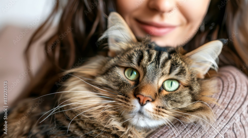 A woman close-up, holding a green-eyed cat atop her shoulder In the background, a woman is present A woman close-up, holding a green-eyed cat atop her shoulder In the background, a woman is present
