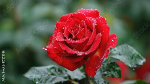 A vibrant red rose adorned with a delicate water droplet