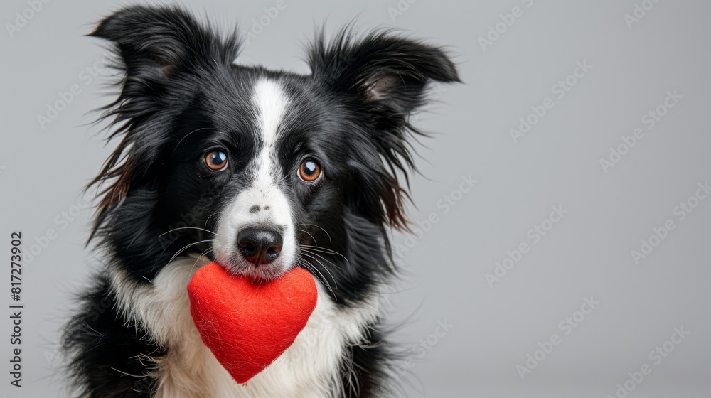  A mournful black-and-white dog holds a red heart in its jaws, gazing sadly into the camera