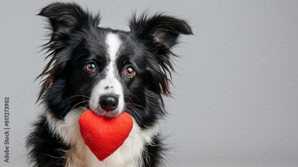 A mournful black-and-white dog holds a red heart in its jaws, gazing sadly into the camera A mournful black-and-white dog holds a red heart in its jaws, gazing sadly into the camera