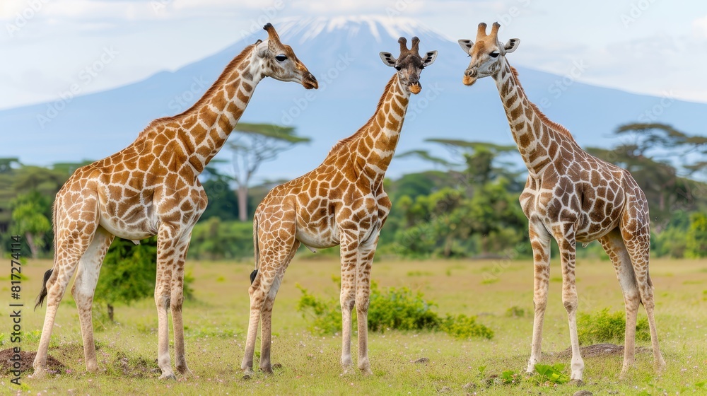 Three giraffes stand in a grassy field with a mountain in the background Three giraffes stand in a grassy field with a mountain in the background