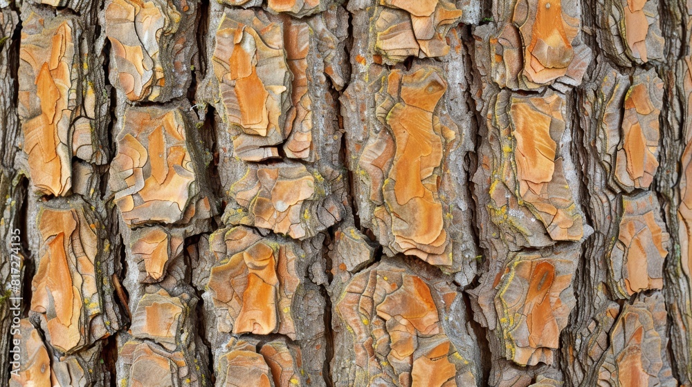 A tight shot of a tree's brown bark bearing yellow lichen streaks A tight shot of a tree's brown bark bearing yellow lichen streaks