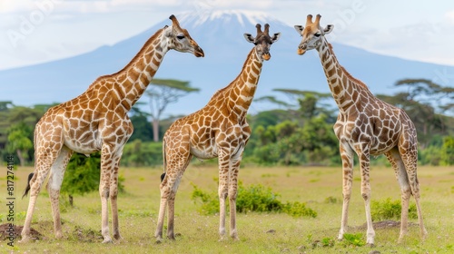  Three giraffes stand in a grassy field with a mountain in the background