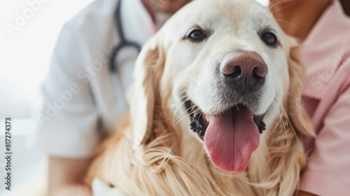  A tight shot of a dog's expression, eyes gazing directly at the camera In the background, a person is positioned with a stethoscope around a canine chest © Jevjenijs