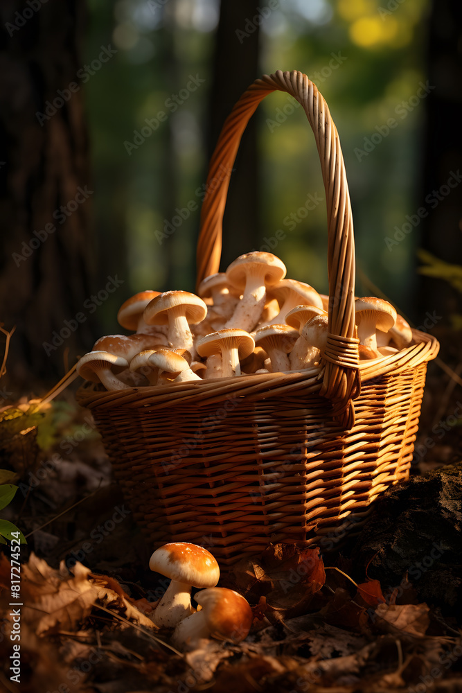 Wicker basket with mushrooms in the forest Wicker basket with mushrooms in the forest
