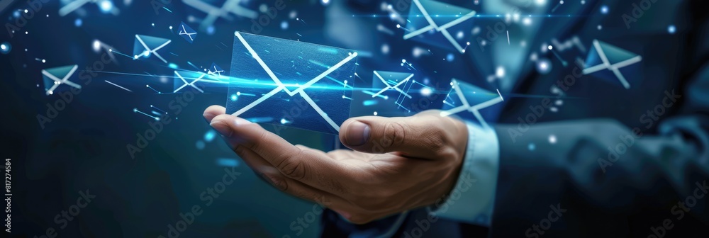 Fototapeta premium Marketing Letter. Male Hand Holding Email Icon Symbol for Contact Us with Newsletter and Spam