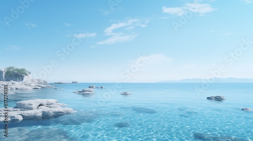 A breathtaking view of a tranquil coastal landscape with crystal clear waters under a bright blue sky scattered with a few soft clouds.