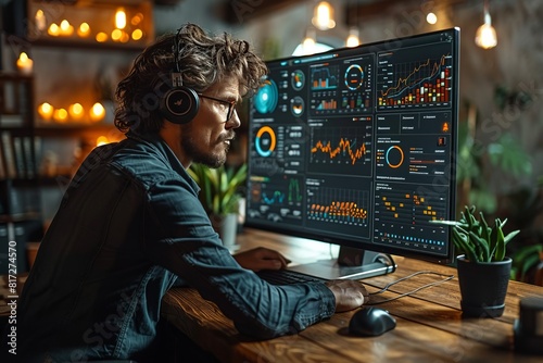 Man analyzing data on multiple computer screens in a modern office environment photo