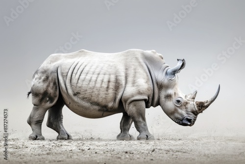 Large Animal. Rhino Wildlife in Profile  Standing and Staring  Horned and Grey