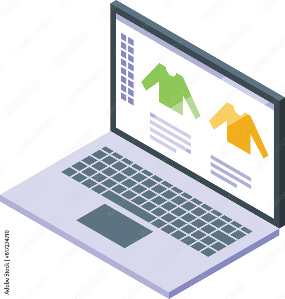 Isometric illustration showcasing a laptop with online store interface displaying apparel