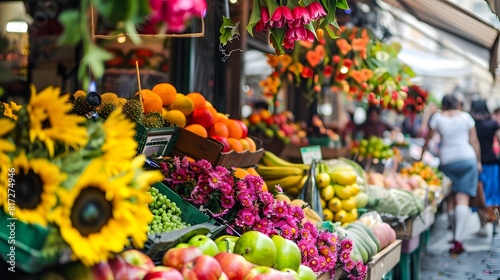 A vibrant street market with vendors selling colorful fruits and flowers