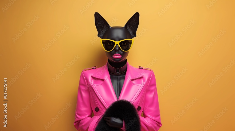 A figure with a cat-like face wears yellow sunglasses and a pink jacket against an orange background