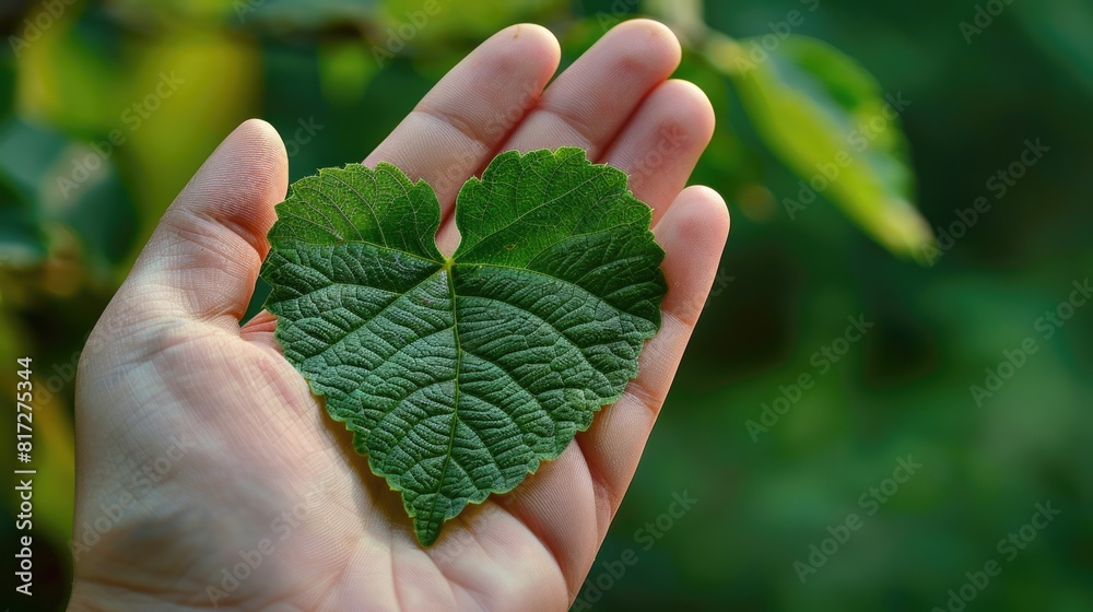 Hand Holding Green Leaf with Cut Heart. Love for Leaf in Spring and Summer Hand Holding Green Leaf with Cut Heart. Love for Leaf in Spring and Summer