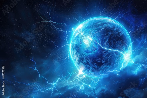 Glowing Energy. Blue Plasma Ball Abstract Background with Electric Lightning Glow