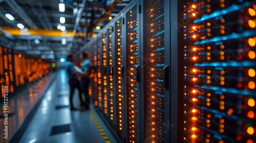 Big Data Center Female Chief Technology Officer Using Laptop Standing In Warehouse  Activates Servers  Information Digitalization Starts. SAAS  Cloud Computing  Web Service