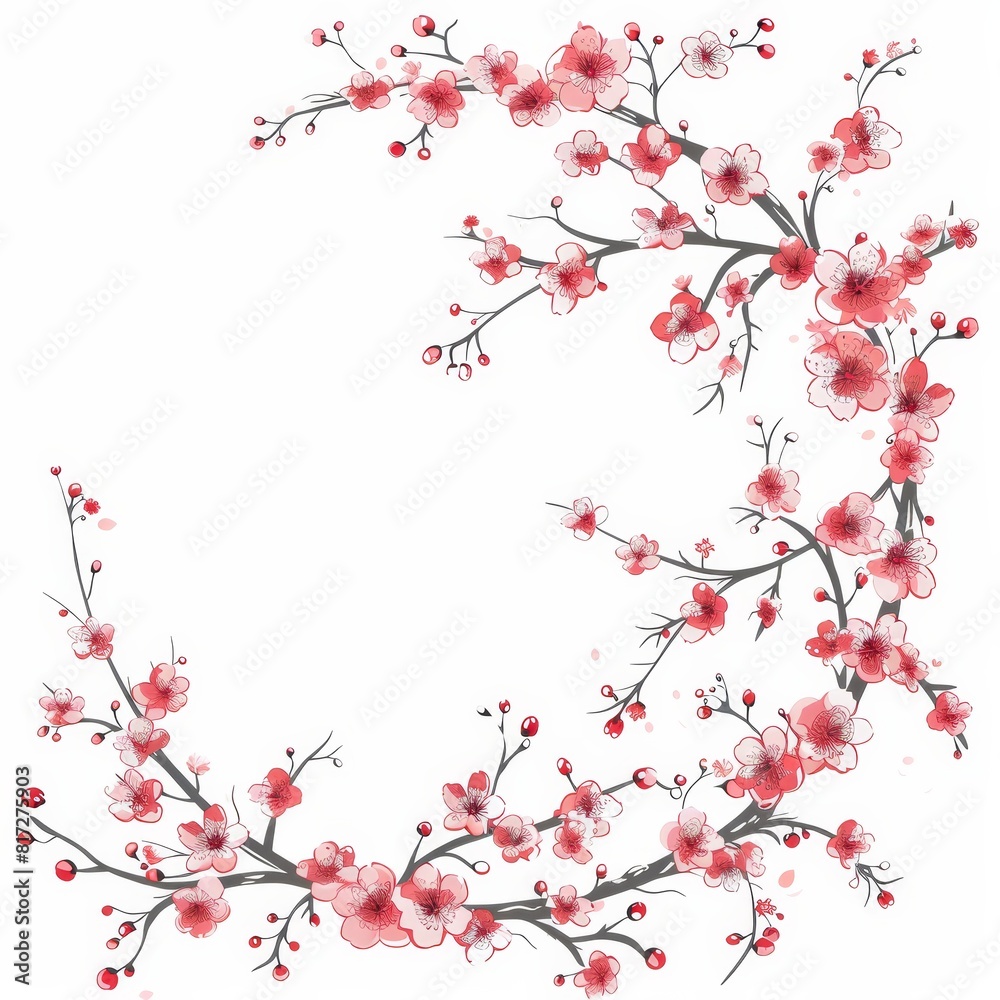 Elegant cherry blossom branches with pink flowers on a white background. Japanese Washi Frame.