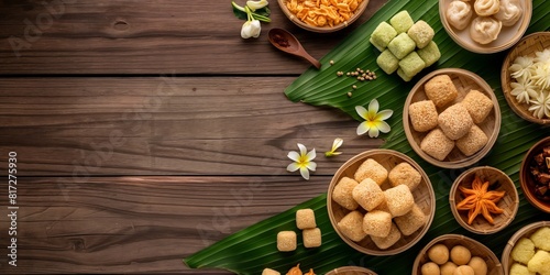 An array of colorful traditional Asian sweets and treats displayed neatly on a wooden table with decorative flowers