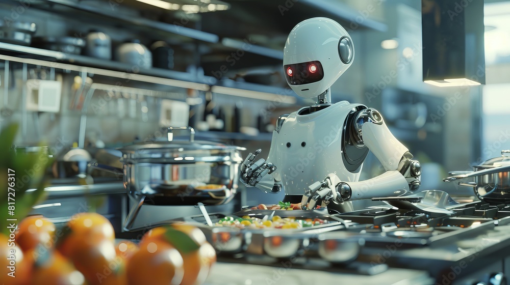 3D rendering of a humanoid robot chef preparing dishes in a restaurant ...