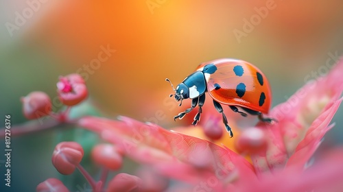 Ladybug on Pink Blossom with Dreamy Background in Macro Photography