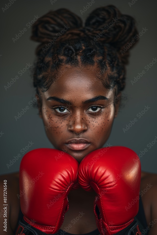 Boxer, gloves, and studio portrait of lady for sports, hard muscle, or mma training. Indian female boxer fights for impact, energy, and warrior might in battle challenge.