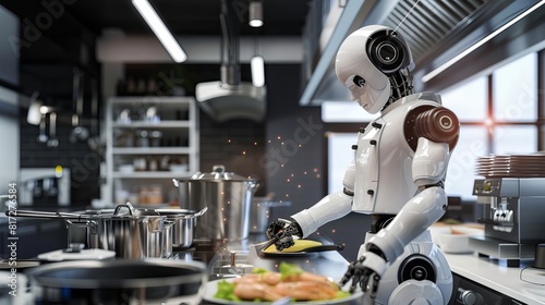 3D rendering of a humanoid robot chef preparing dishes in a restaurant kitchen, representing the future integration of smart robotics and artificial intelligence.