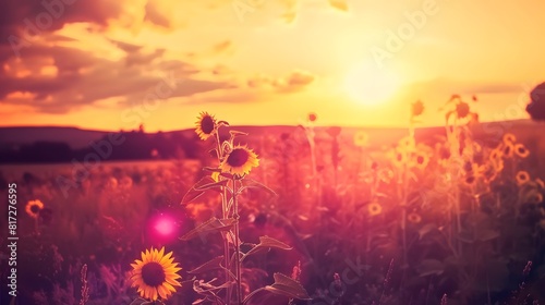 A vibrant sunset over a field of blooming sunflowers
