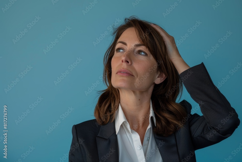 Fatigue, headache, tension, and girl on blue studio background. First aid for migraine, mental health, and overloaded with deadline, schedule, or pain. Fatigue, headache, tension, and girl on blue studio background. First aid for migraine, mental health, and overloaded with deadline, schedule, or pain.