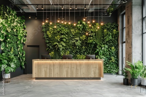 Modern office lobby with a lush living wall and contemporary wooden reception desk
