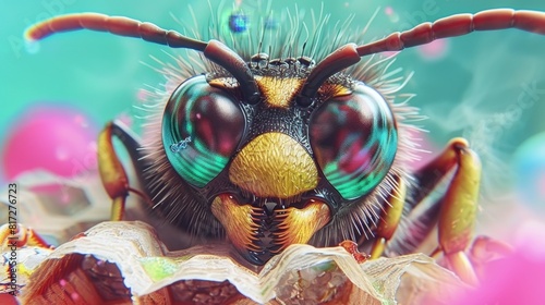 Hyperrealistic close up photography of wasp or asian hornet on nest with empty space photo
