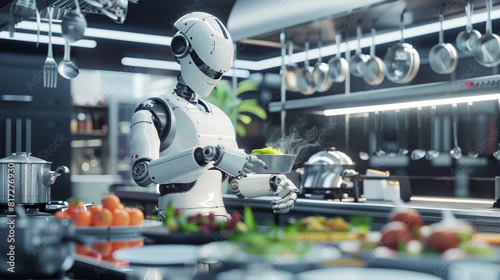 3D rendering of a humanoid robot chef preparing dishes in a restaurant kitchen, representing the future integration of smart robotics and artificial intelligence. 3D rendering of a humanoid robot chef preparing dishes in a restaurant kitchen, representing the future integration of smart robotics and artificial intelligence.