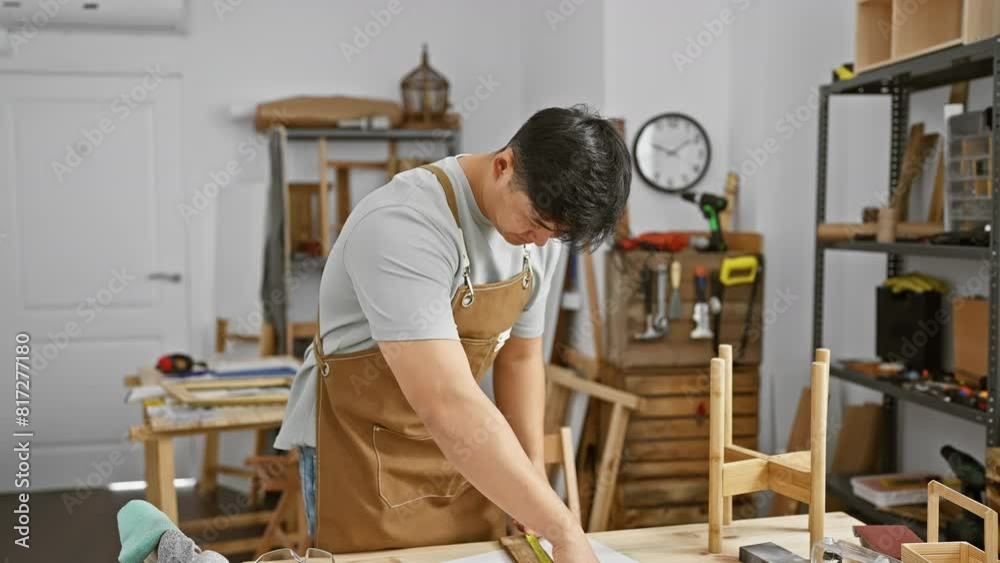 A young asian man works with focus in his well-organized carpentry workshop. A young asian man works with focus in his well-organized carpentry workshop.