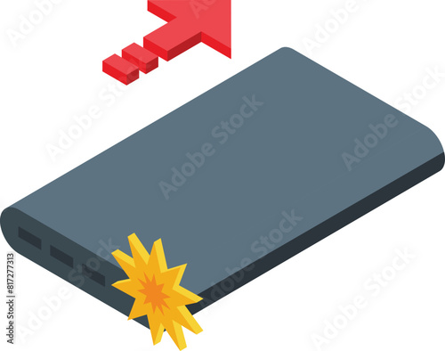 3d isometric illustration of a smartphone with a battery explosion and a red arrow indicating increase