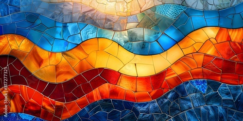 Mosaic art in Park Guell Barcelona. Concept Historical architecture, Antoni Gaudí, Public park, Mosaic designs, Tourist attraction photo