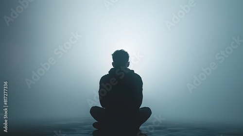 Meditative Silhouette Man Foggy Backlight Serene Scene