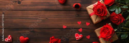 Elegant Valentine's Day composition with red roses, gifts, and heart-shaped decorations