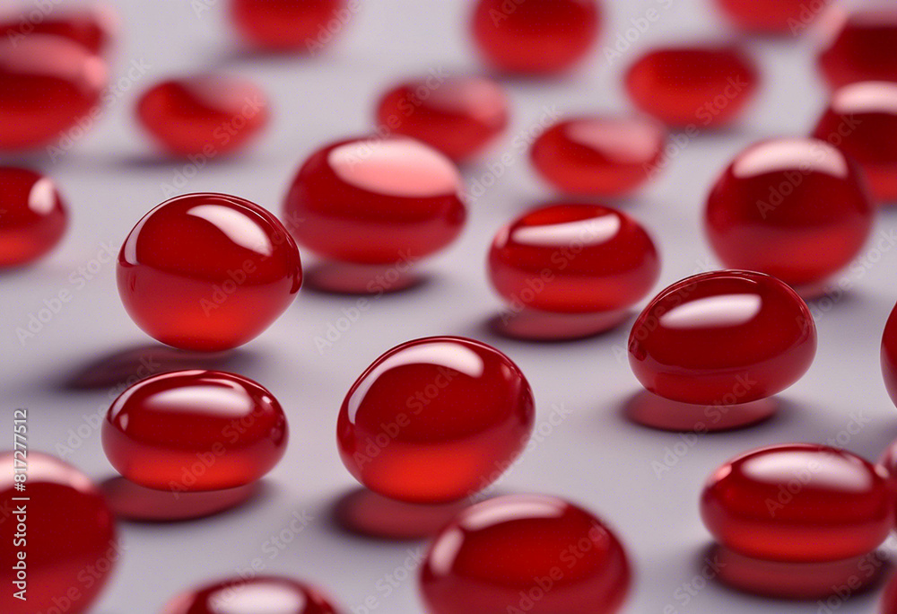 Red circular gemstones with selective focus, 3d illustration Red circular gemstones with selective focus, 3d illustration
