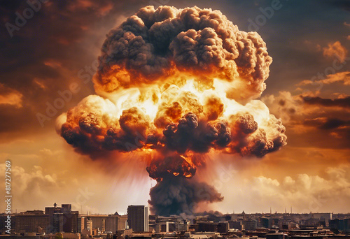 The explosion of a nuclear bomb in an urban area. The mushroom of an atomic bomb explosion in a city