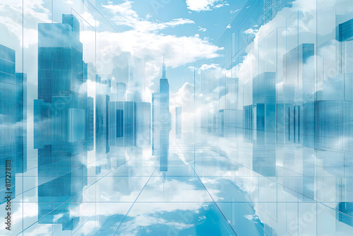 background futuristic city skyline  characterized by glass skyscrapers and reflective surfaces  complemented by a serene sky with soft clouds  symbolizing innovation urban design bright blue palette