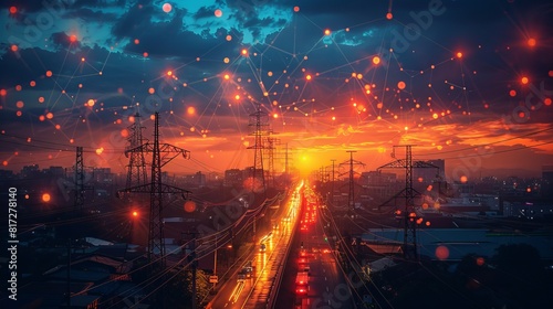 Urban electricity poles linked to a smart grid for energy distribution and transmission  emphasizing high-voltage supply.