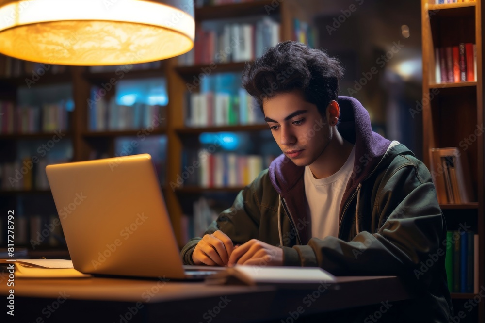 Young college student studying at library A young college student is studying on laptop in a cafe Young college student studying at library A young college student is studying on laptop in a cafe