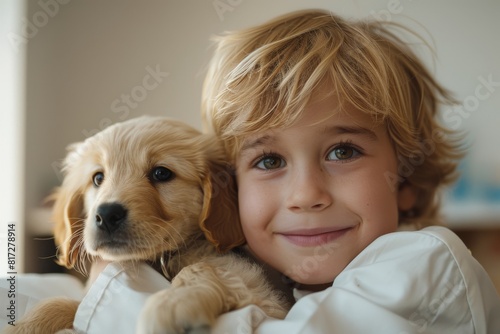 Close-up portrait of a little boy hugging a cute puppy. Happy child loves and cares of his adored pet. Solicitous kid dreams of becoming a veterinarian.