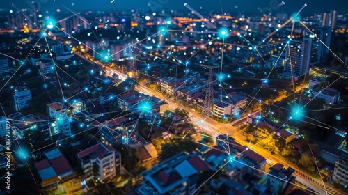 Urban electricity poles linked to a smart grid for energy distribution and transmission, emphasizing high-voltage supply.